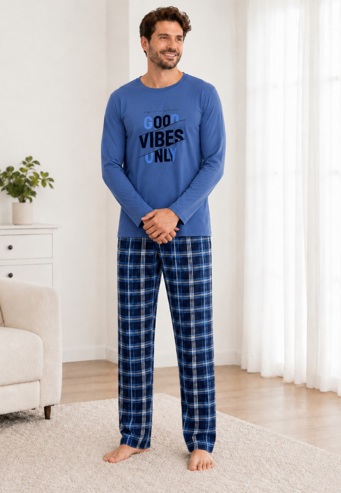 Pijama barbati Serena cu maneca lunga si pantalon lung- Albastru,Engros